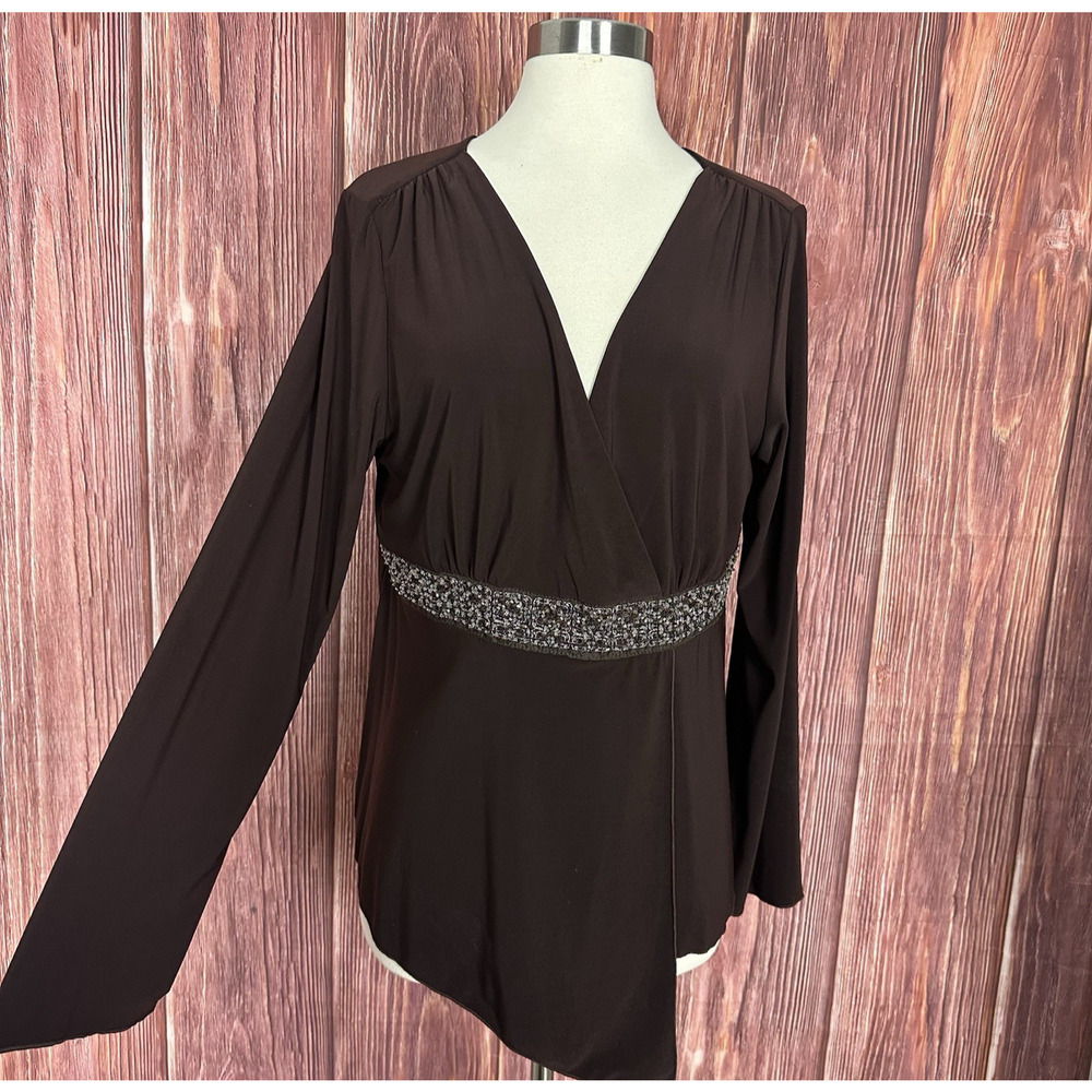 JTB Y2K Brown Long Sleeve Top Faux Wrap Beaded Indie Boho Stretch Size XL